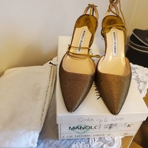 Manolo Blahnik Olive Gold Satin Strap Heel